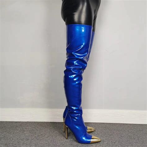 Olomm New Women Thigh High Latex Boots Stiletto Heels Latex Boots