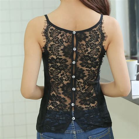New Summer Sexy Lace Back Buttons Decoration Sleeveless Tanks Top Lace Shirt Beautiful Back