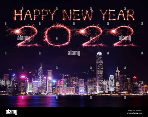 2022 Happy New Year Fireworks Celebrating Over Hong Kong Cityscape At