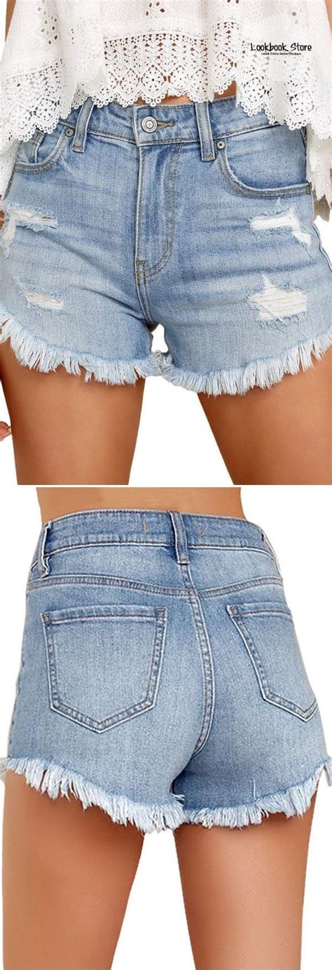 Light Blue Frayed Hem Ripped Denim Shorts In 2020 Ripped Denim Shorts