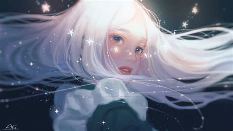 White Hair Long Hair Blue Eyes Stars Anime Anime Girls Wallpaper