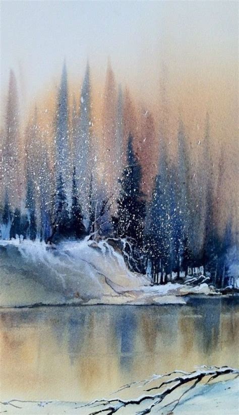 Winter Forest On The Lake Painting Easy Watercolor Painting Ideas For