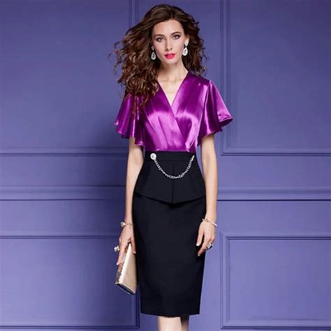 2021 Short Sleeves Acetate Satin Dress Women Summer Patchwork Dresses Office Lady Medium Length