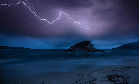 Nature Beach Night The Storm Lightning Twilight Rock Sea Hd Wallpaper