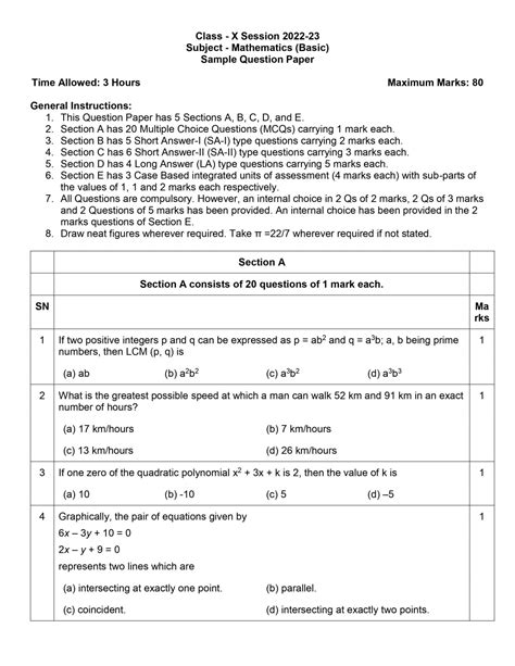 Cbse Class 10 Math Basic Sample Paper 2023 With Solutions And Marking Scheme India Today