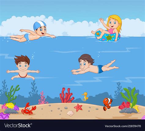 Cartoon Kids Swimming In The Tropical Ocean Vector Image