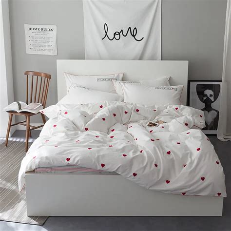 Pink Heart Cute White Bedding Set Cotton Twin Queen King Size