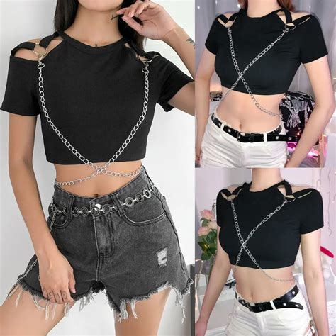 women shortsleeve chain cross slim hollow crop tops t shirt top tee solid fashion clothes t