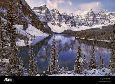 Autumn Snowfall At Moraine Lake With The Valley Of Ten Peaks In Alberta