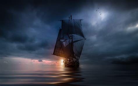 Landscape Nature Sea Clouds Sunset Sailing Ship Storm Blue