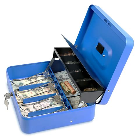 Cash Box With Key Lock Steel Tiered Money Coin Tray With Lid Cover