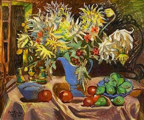 A Painting Of Flowers And Fruit On A Table