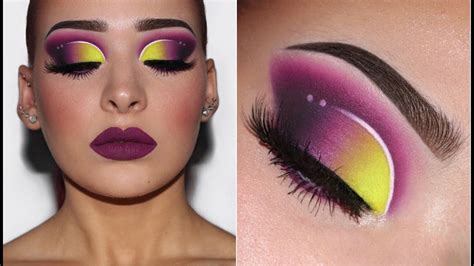 Neon Yellow Half Cut Crease W Purple Shadow And Lips Makeup Tutorial