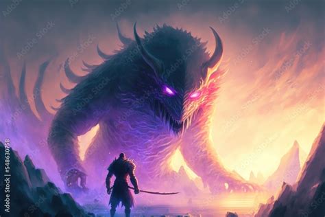 Brave Traveler Battles With Giant Terrifying Monsters Fantasy Giant