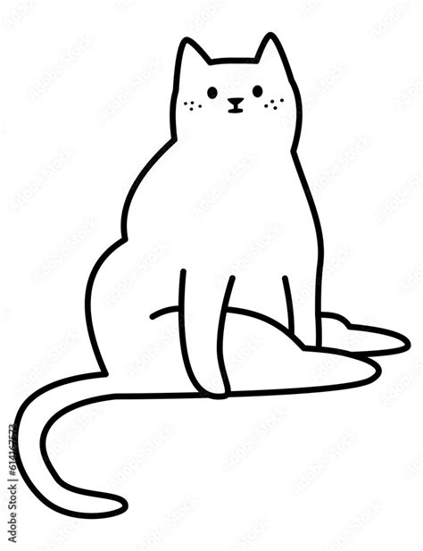 Vector Linear Black And White Illustration Cute Fat Cat Sitting Funny
