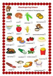 Turkey, gravy, mashed potatoes, stuffing, and pie—lots of pie. Thanksgiving Dinner - ESL worksheet by OlgaPrih