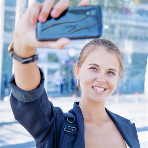 Beautiful Female Traveler Tourist Taking Selfie Travel Concept Stock
