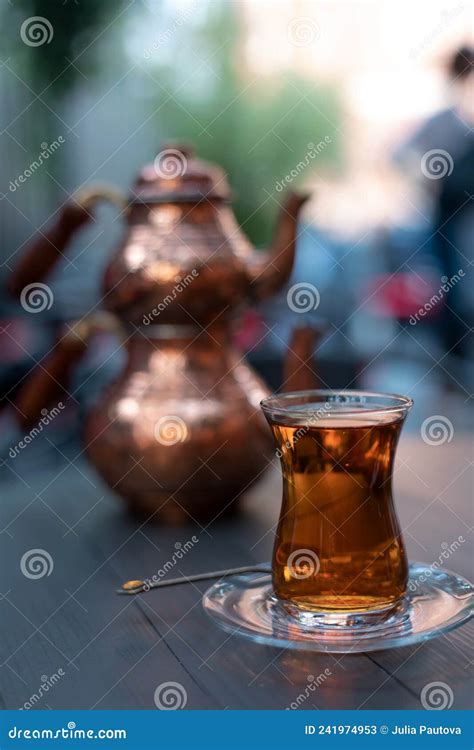 Turkish Traditional Tea In Tulip Shaped Glass With Cupper Colored
