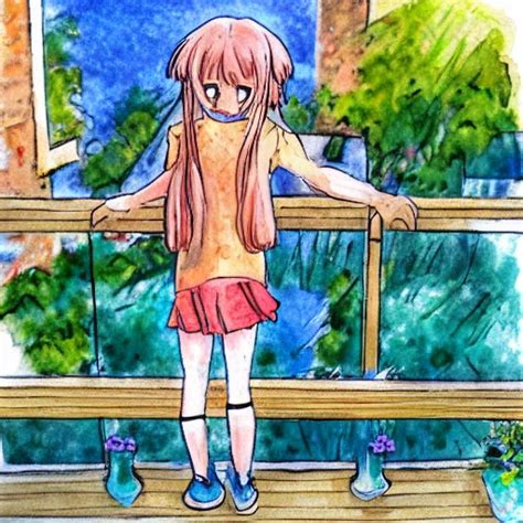 Cartoon Anime Girl Looking Down Form Her Balcony Water Colo