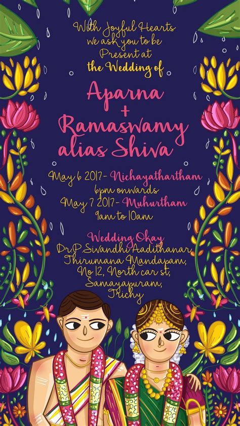 Our indian wedding card designers have enormous experience and comprehensive knowledge about different cultures, traditions, and faith, which can help them come up with the most creative and suitable wedding card designs. Custom Ready - Tamil Brahmin einvite designed and illustrated by SCD Balaji,… | Indian wedding ...