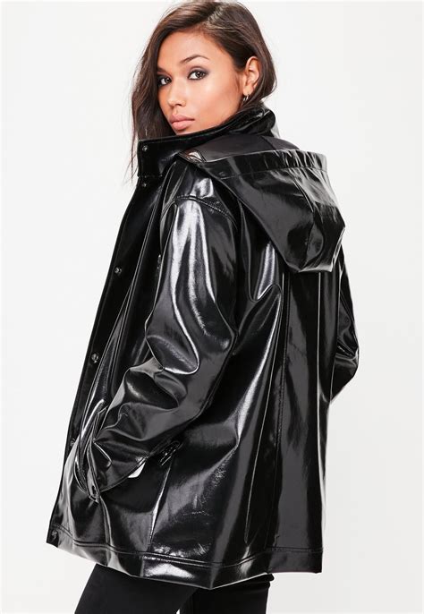 Missguided Black High Shine Hooded Rain Mac Rain Fashion Black Rain Jacket Black Raincoat