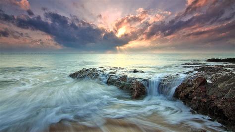 1920x1080 Beach Sea Dawn Dusk Landscape Ocean Rocks Sunlight Laptop Full HD 1080P HD 4k ...