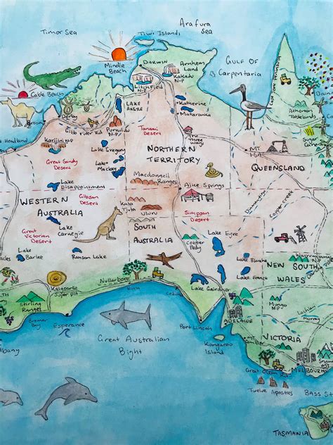 A3 Australian Map Original Art Water Colour Map Tourist Etsy
