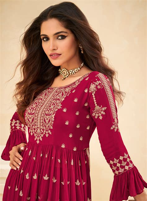 Buy Rani Pink Georgette Embroidered Palazzo Suit Party Wear Sequins Embroidered Palazzo Suit
