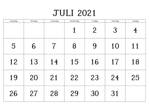 Juli 2021 Kalender Zum Ausdrucken Pdf Excel Word
