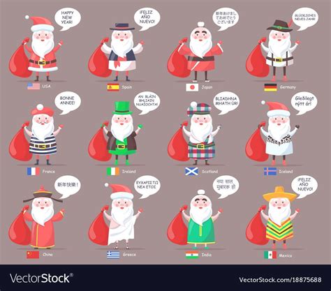 Santa Clauses From Countries All Over World With Ts Isolated On Grey