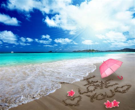 I Love You Romantic Umbrella Sand Message Hearts Beach
