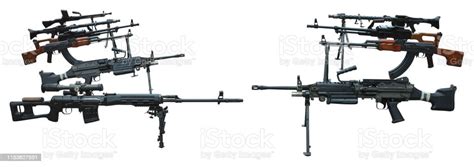 Military Set Of Modern Weapons Machine Guns Arms Isolated On White