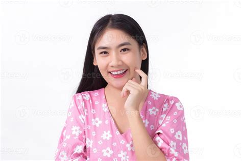 Portrait Asian Beautiful Girl In Pink Dress And Black Long Hair Her Hands Touch Cheek Smile