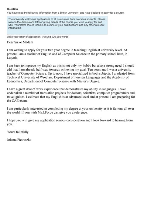 An application letter is also called cover letter, being your first introduction it is of great importance and should represent you in a best way, giving your appropriate picture. Sample Writing CAE Exam: Letter of application - 30/34/101 ...