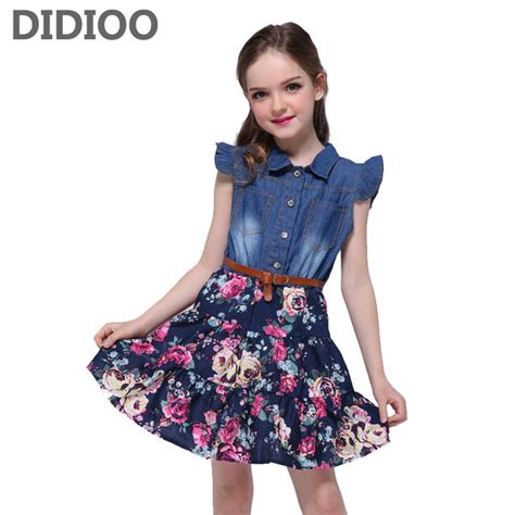 Denim Dresses For Girls Clothing Children Floral Print Dress Summer Ki