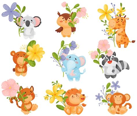 Premium Vector Set Of Different Cartoon Animals With Flowers