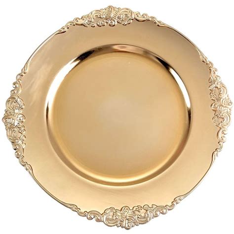 6 Pack Gold 13inch Round Baroque Charger Plates Leaf Embossed Rim
