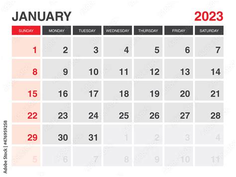 Vecteur Stock January 2023 Calendar Printable Calendar 2023 Planner