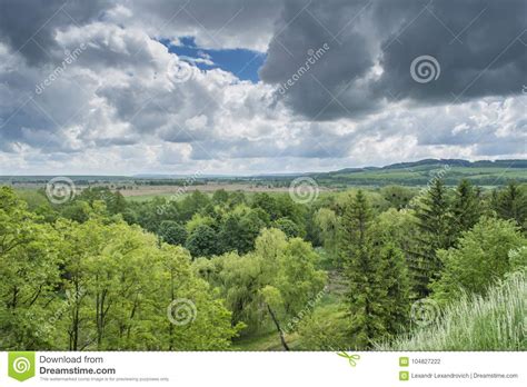 Forest Under The Dark Clouds View From The Top Of The Hill Stock Photo