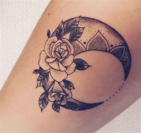 Moon And Rose Tattoo With Some Dotting Detail And Shading