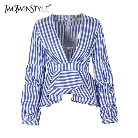 Twotwinstyle 2020 Summer Womens Blouses Shirt Kimono Tops Striped Puff Sleeve Sexy Deep V Neck