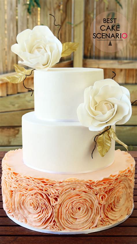 Peach Colored Ruffled Wedding Cake