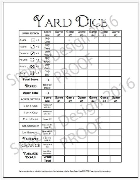 Yard Dice Printable Scoresheet Digital Download
