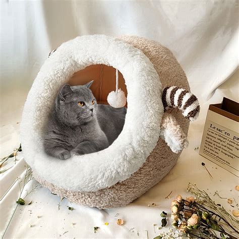 Kitten Cat House Bed With Removable Cushion Soft Warm Pet Cave Kennel