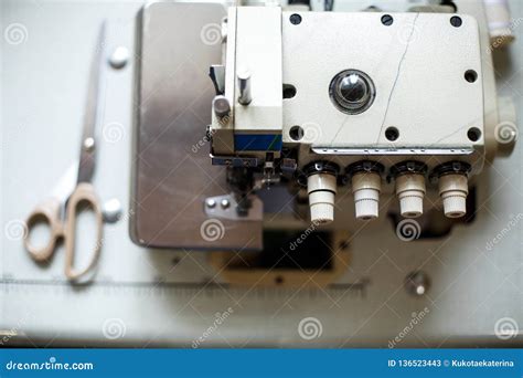 Top View Closeup Details On Sewing Machine Overlock Workplace