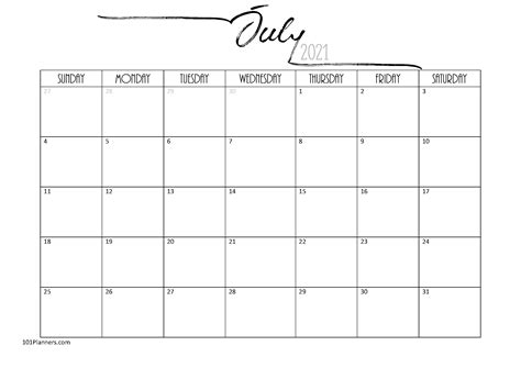 Free Printable July 2021 Calendar Customize Online