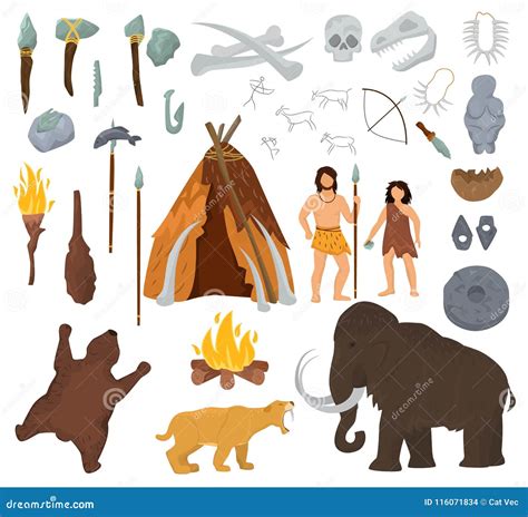 Primitive People Vector Mammoth And Ancient Caveman Character In Stone