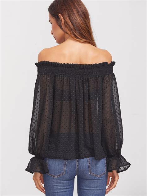 Black Smocked Off The Shoulder Bell Cuff Dotted Jacquard Sheer Top
