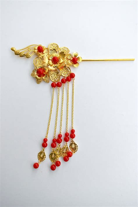 Red Gold Chinese Wedding Bridal Hair Pinhair Piecehair Etsy Uk