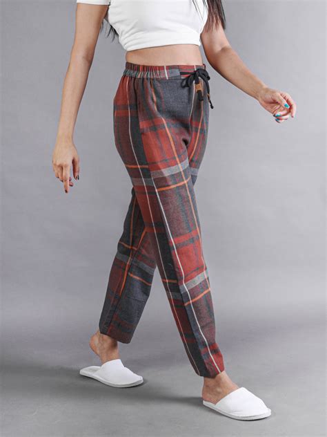 Maroon Grey Checkered Flannel Cabin Pants For Women Bombay Trooper